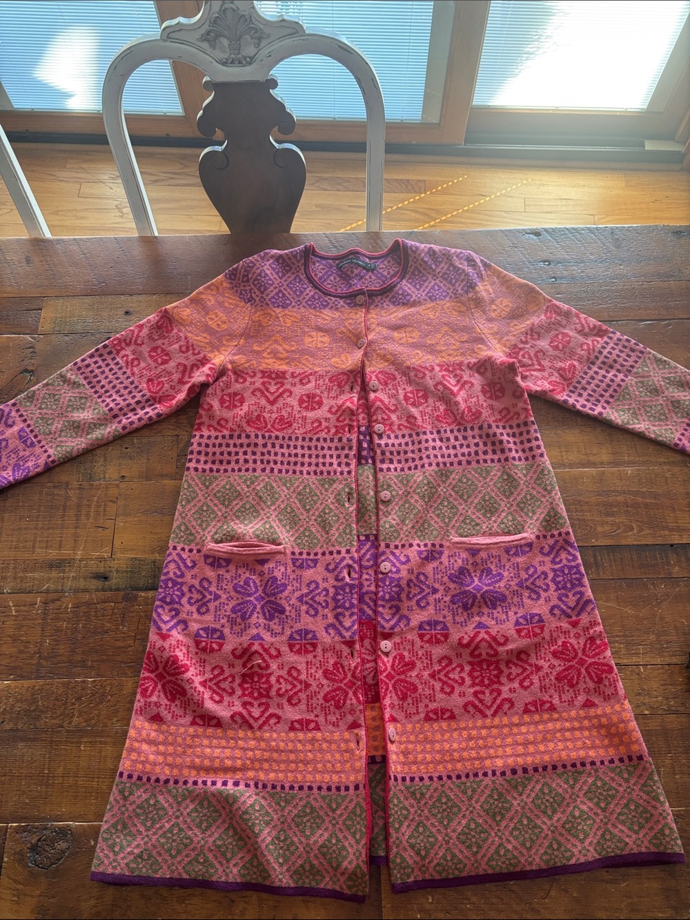 Gudrun Sjoden Pink Purple Orange Patterned Long Knit Coat